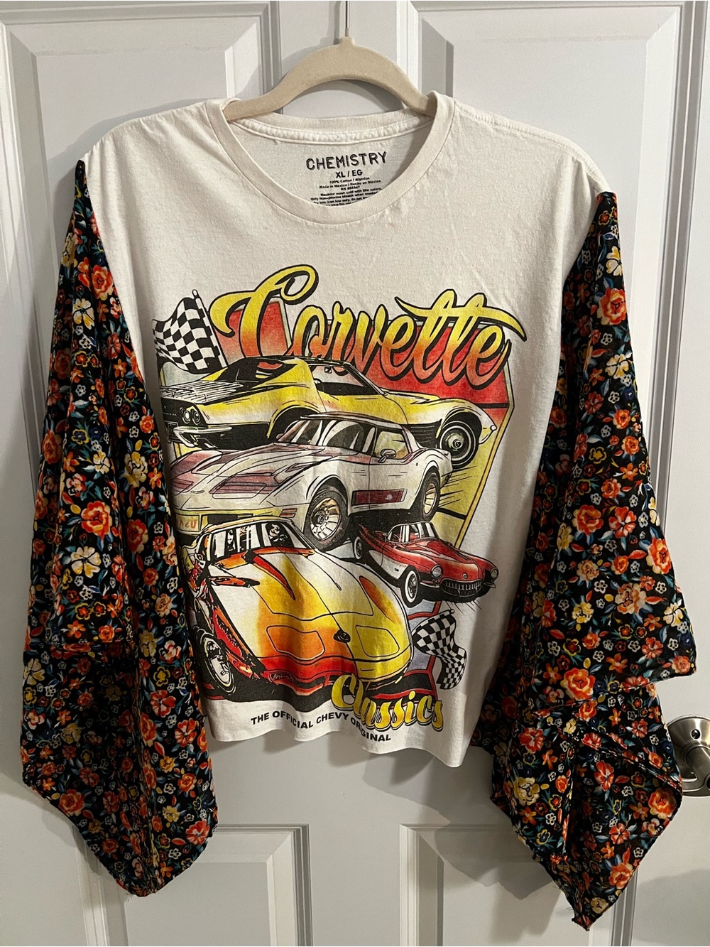 Corvette Graphic Tee with Floral Sleeves. Up cycled one of a kind T-shirt poncho